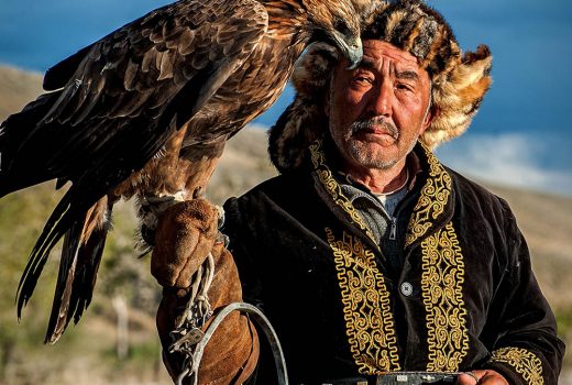 The eagle hunter is spoiling his eagle on his horse
